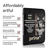 Prina 50 Pack Drawing Set Sketch Kit, Sketching Supplies with 3-Color Sketchbook, Graphite, and Charcoal Pencils, Pro Art Drawing Kit for Artists Adults Teens Beginner Kid, Ideal for Shading, Blending