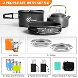 Odoland 16pcs Camping Cookware Set with Folding Camping Stove, Non-Stick Lightweight Pot Pan Kettle Set with Stainless Steel Cups Plates Forks Knives Spoons for Camping Backpacking Outdoor Picnic