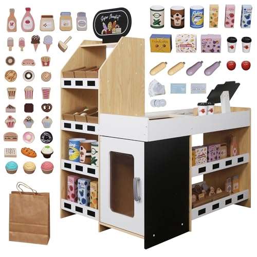 Kids Grocery Store Playset,Pretend Play Store Toy & Wooden Supermarket Shopping Cart with Toy Cash Register, Play Money&Blackboard;58 PCS Accessories Food Toys Shop for 1 Year Old Boys Girls Toddler