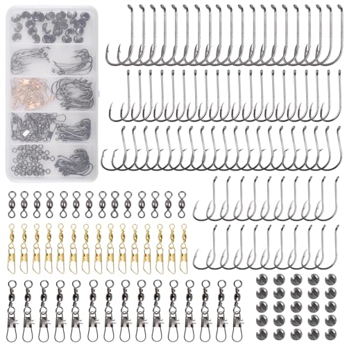 Fishing Hooks and Weights Snap Swivels Assortment 150pcs Fishing Terminal Tackle Kit Octopus Circle Hooks Baitholder Hooks Split Shot Sinkers Swivels Assortment Fishing Accessories