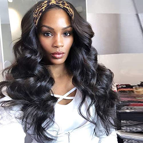 Long Wavy Headband Wigs for Women, Glueless Wear and Go Half Wig, Natural Looking Synthetic Wig with Headband Attached Heat Resistant (NATURAL BLACK, 22 Inch)