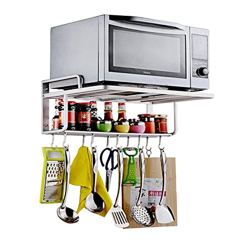 Ninetonine Alumimum Microwave Oven Wall Mount Double Deck Shelf With Hooks Silver