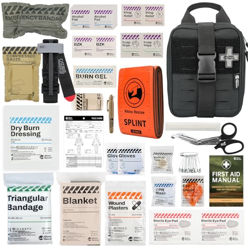 RHINO RESCUE IFAK Trauma Kit with C-A-T Tourniquet for Wound Care, Tactical First Aid Kit Molle Pouch for Military, Combat, Car, Camping, Hiking, Travel FSA HSA Eligible (Black)