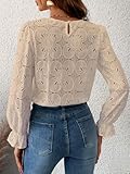 CUPSHE Women Eyelet Long Sleeve Tops Shirts Dressy Hollow Out Crochet Lace Embroidered Blouses 2025 Fashion Top Beige S