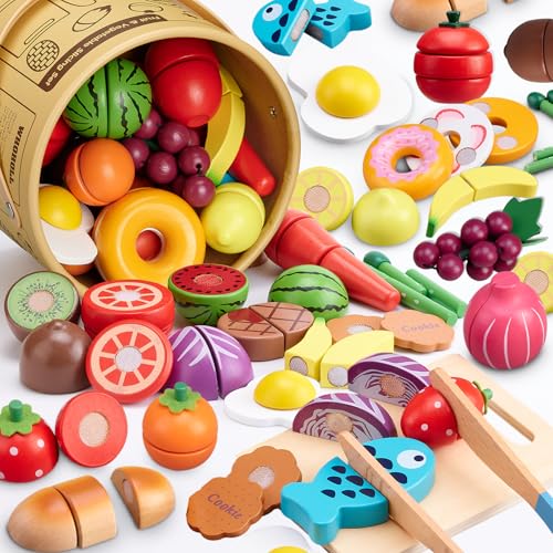 Wooden Play Food Sets for Kids Kitchen Accessories, Pretend Toy Food Velcro Fruit and Veggies Cutting Food Toy Set, Play Food Montessori Toys for 3 4 5 6 7 8 Boys and Girls Gift