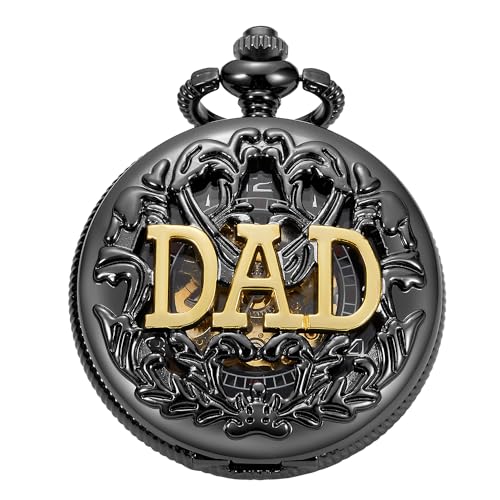 Whodoit Engraved Black Dad Pocket Watch for Your Father, Customized Personalized Mechanical Pocket Watches with Chain and Box for Men