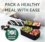 Umami Bento Box Adult All-in-1 w/ 4 Utensils, 100% Leakproof, Dishwasher & Microwave Safe Lunch Containers for Adults w/ 4 Compartments, Black & Tan, 50 oz