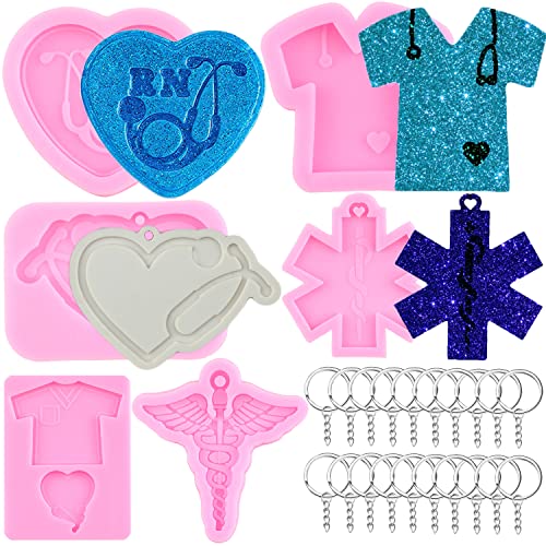 MIYAHOUSE Nurse Shirt Heart Stethoscope Silicone Keychain Mold Doctor Theme Pendant Casting Mold Medical Emblem Resin Molds with 20 Pcs Key Rings for Keychain Jewelry Making Epoxy Casting Set of 26