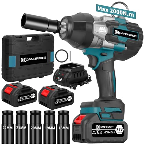 CANBRAKE 2000Nm 1/2" Cordless Impact Wrench, 21V Heavy Duty Impact Gun with 2 x 4.0Ah Battery & 5 Sockets, 1500ft-lbs Brushless Electric Pistola Llave de Impacto 3 Variable Speeds for Truck Mower Car