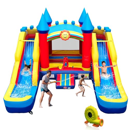 JOYMOR Commercial Grade Water Slide Bounce House with Double Water Slides for Adults and Kids, 100% PVC Vinyl Bouncy Castle for Kids Outdoor Party w/Repairing Kit and Storage Bag (Include Blower)