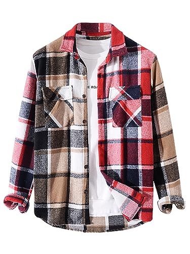 ZAFUL Classic Plaid Shirt for Men Plaid Print Flannel Shirt Deep Red S