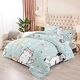 Cartoon Cat Bedding Set, Girls Super Soft Comforter Set Queen Size, Cute Cats Printed Quilt for Kids Teen, Lovely Blue Microfiber Comforter for All Season 3Pcs with Pillowcases