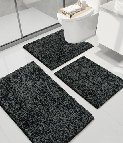 chakme Microfiber Bathroom Rugs Sets 3 Piece, Ultra Absorbent Bath Mat for Bathroom, Non Slip Bath Mat Set, Machine Wash & Dry Quickly, 3 Piece Bathroom Mat Set, Black and Grey
