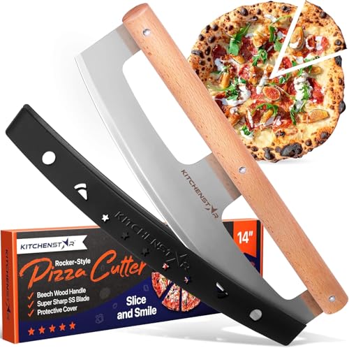 KitchenStar 14-Inch Pizza Cutter Rocker Blade - Razor Sharp Stainless Steel Slicer Knife, Stylish Beech Wood Handle, Protective Cover - Professional Pizza Oven Accessories, Silver