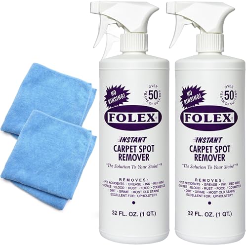 Folex 2 Instant Carpet Spot Removers (32 oz) & Reusable Microfiber Cleaning Cloths (15x15 in) - Household Stain Treater Kit