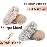 Cozylook 2-pair Women's Soft Sole Slipper Socks with Grippers, Thick Warm Cozy Sherpa Lined Home Socks Set, Cable Knitted Non-slip Fluffy Winter House Bedroom Slippers GRAY+TAUPE M 7-8