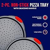 Pizza Tray – 2 Round with Silicone Handles – Carbon Steel Pizza Pan with Holes and Non-Stick Coating – PFOA PFOS and PTFE Free by Bakken