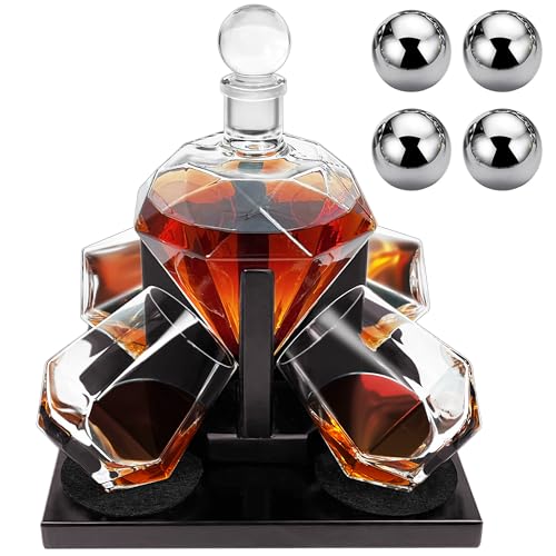 Montex Whiskey Decanter Set Diamond Shape with 4 Glasses 4 Whiskey Stones, Gift for Men, Gift for Whiskey Lovers