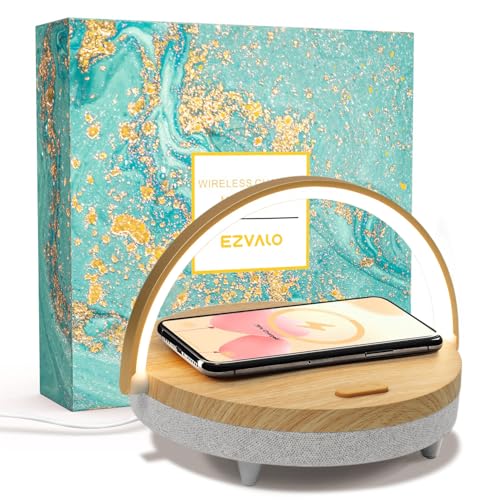 EZVALO Birthday Gifts for Women, Music Table Lamp with Wireless Charger, 4 in 1 Touch Bedside Lamp, Bluetooth Speaker, Phone Holder, Dimmable LED Night Lights Birthday Gifts for Women, Men, Dad, Mom