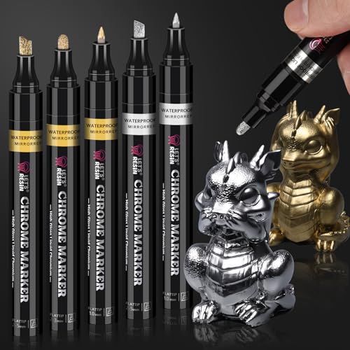 LET'S RESIN 6Pcs Mirror Chrome Markers,3 Sizes Shiny Chrome Paint Pen with Large Barrel, Quick Dry Oil-based Silver & Gold Markers for Metal, Resin, Model Painting, Marking or DIY Art（1-5mm