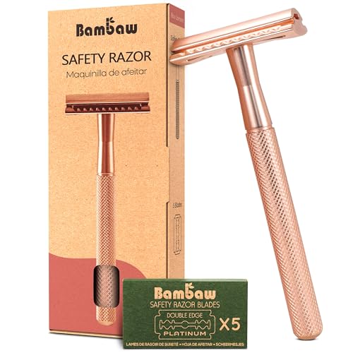 Bambaw Safety Razor for Women with 5 Double Edge Safety Razor Blades, Double Edge Razor, Reusable Razor, Plastic Free – Rose Gold