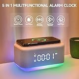 Fansbe Tech Alarm Clock Speaker Wireless Charger, Digital Alarm Clocks Bedrooms Bluetooth, Alarm Clock Dimmable Light Bedrooms Dual Alarm Snooze Dimmer 12 24H RGB Night Light Bluetooth USB AUX, Gray