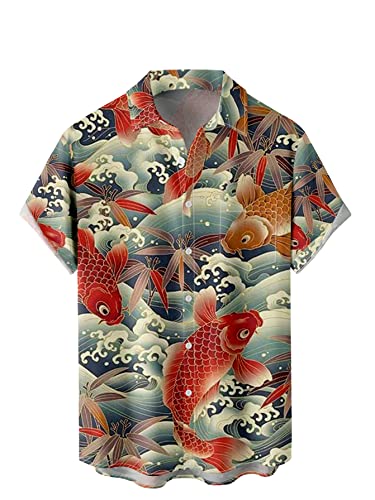 WRITKC Tropical Shirts Button Down Holiday Casual Hawaiian Short Sleeve Men Loose Beach Shirts (Men, 3X-Large, Red-Fish)