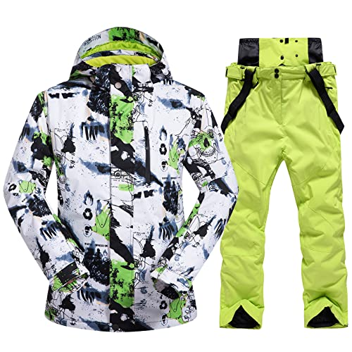 Mens Ski Jacket and Pants Set Ski Suit Winter Waterproof Windproof Hooded Snow Coat 2 Pieces Snowboarding Snowsuits Green+Green-S