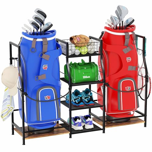Jsskeeim Golf Bag Storage Organizer for Garage, Golf Organizer Rack for 2 Golf Bags, Golf Bag Stand for Golf Bag Accessories, Freestanding Golf Club Holder for Garage, Shed, Home, Golf Gifts for Men