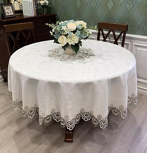 AMZALI Round Table Cloth Floral Embroidered Lace Tablecloth Wrinkle Free & Stain Resistant Fabric Tablecloths Table Cover for Kitchen Dinner (Round 60 inch)
