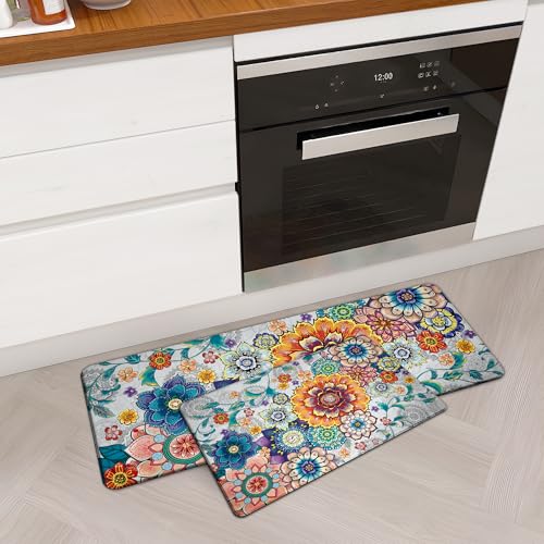 tubeamin Floral Kitchen Rugs Mats for Floor 2 Piece Flowers Anti Fatigue Kitchen Mats Non Slip Cushioned Comfort Standing Mat for Sink, Office, Laundry, 17.3x28+17.3x47 Inch