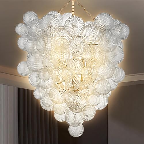 BeyPan Modern Classic Glass Bubble Chandelier 2-Layer 44" High Light Fixtures Mid-Century Swirled Clear Blown Glass Globe Chandeliers Pendant Lights for Stairway Living Room Entryway Foyer