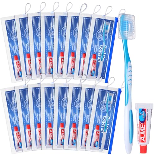 FoldTier 30 Set Toothbrush and Cover Travel Kit Bulk with Toothpaste Individually Wrapped Travel Size Toothbrush Set Soft Bristles Resealable Portable and Reusable Bag for Homeless Hotel Home Charity