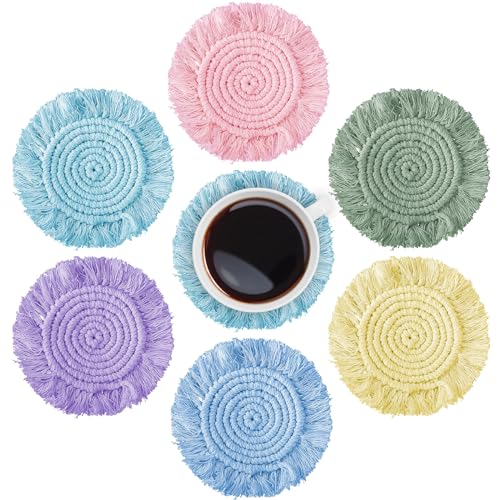 Whaline 6Pcs Boho Macrame Coasters Macaron Handmade Cotton Woven Drink Coaster with Tassels Farmhouse Rustic Absorbent Heat Resistant Cup Mat Pad for Home Office Hotel Car Table Desk Housewarming Gift