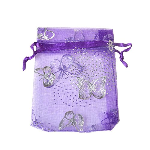 Zhiheng 100pcs Organza Wedding Party Gift Bags Butterfly Drawstring Pouches Jewelry Gift Bags Christmas Party Gift Favor Bags (5"x7", Purple)