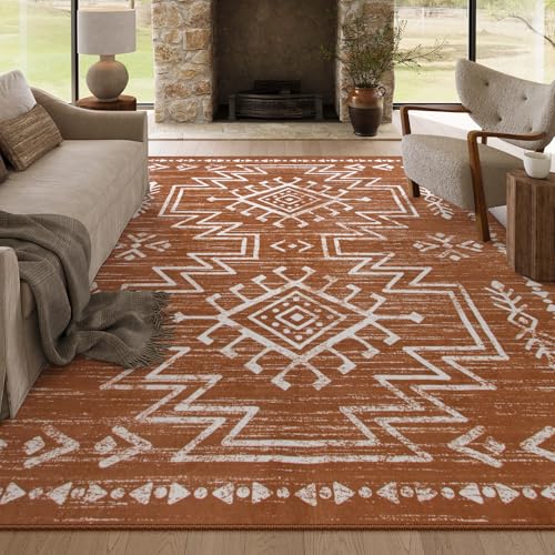 Lahome 8x10 Large Western Rugs for Living Room, Boho Washable Burnt Orange Area Rug for Bedroom Dining Room, Stain Resistant Aztec Carpet for Guestroom Office Home Decor