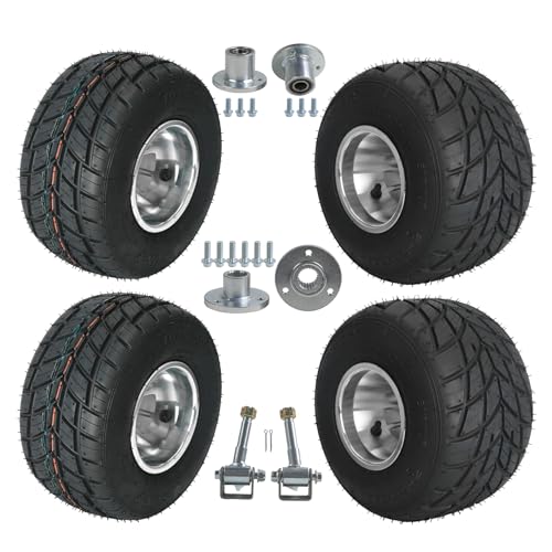 WPHMOTO Go Kart Wheels Racer Tires Front 10x4.50-5 + Rear 11x7.10-5 Tubeless Tire, 5-Inch 3 Hole Rain Road Tires with Aluminum Hub Steering Spindle for Racing Kart Quad Racing Drift Cars Mini Bikes