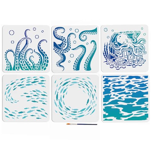 MAYJOYDIY 6pcs Ocean Fish School Octopus Tentacles Stencil 11.8×11.8inch Large Summer Sea Theme Painting Stencils with Paint Brush Sea Creatures Octopus Template for Wood Fabric Wall Rock DIY Craft