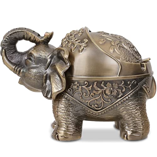 Gusnilo Elephant Outdoor Ashtray Metal Ashtray for Ashtray with Lid Ashtrays for Indoor Ashtray Decoration Ashtrays for Cigarettes Metal Gift for Men Women(Bronze)