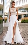 SEIM Vintage Lace Plus Size Chiffon Wedding Gowns with Slit Simple Boho Beach Wedding Dresses for Bride 2024 Ivory Plus Size 16W