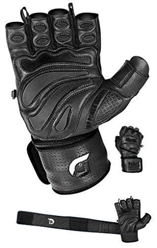 Elite Leather Gym Gloves with Built in 2" Wide Wrist Wraps Best Leather Glove Design for Weight Power Lifting Bodybuilding & Strength Training Workout Exercises (Black, Large)