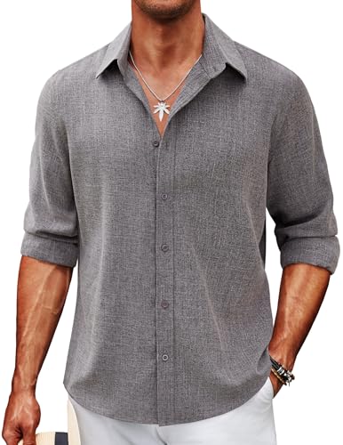 COOFANDY Men's Linen Long Sleeve Button Down Casual Untucked Shirts Button Up Wrinkle Free Oxford Shirts, Grey, Medium