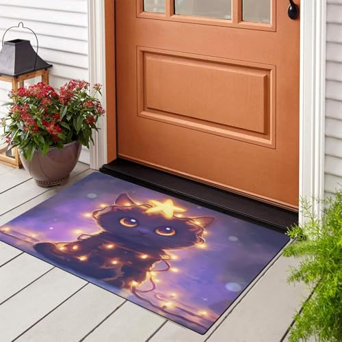 COSKTIARL Animal Door Mat - Inside and Outside Door Mats, Welcome Mat, Indoor and Outdoor Doormats, Front Door Mat, Non Slip Entrance Door Mat,80x120Cm(Lighted Black Cat)