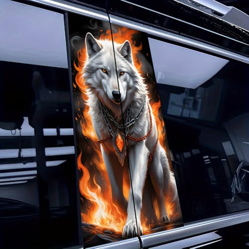 Dihaode Car Stickers, 2pcs Anime Wolf Viny, Flame Design, Self-Adhesive B-Pillar Decals, Scratch-Resistant, Waterproof, High-Gloss Finish, Glitter Embellishment, Irregular Shape for Glass Surfaces