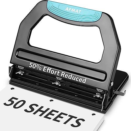 AFMAT Heavy Duty 3 Hole Punch, 50-Sheet, 50% Reduced Effort, Adjustable Two & Three Hole Punch, Metal Paper Puncher w/Large Chip Tray, Metal Paper Guide, Black