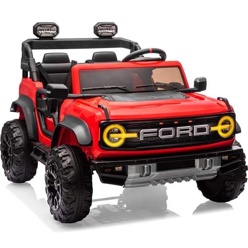First Ride On Ford Bronco 24V Ride on Toys for Boys & Girls, 2 Seater Kids Electric Car with Remote Control, Kids Ride on Truck with 4 Wheels Suspension, Led Lights, Safety Belt (24V, Red)