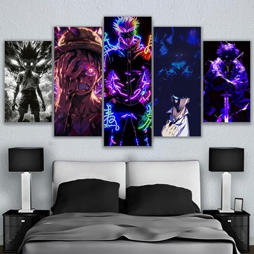 Oil Painting Canvas Framed Art Different Animes Zenitsu Demon Slayer Luffy Gon Jujutsu Kaisen Solo Leveling Wall Colorful Set of 5 Ready To Hang Different sizes (C, 59x33inch, Framed)