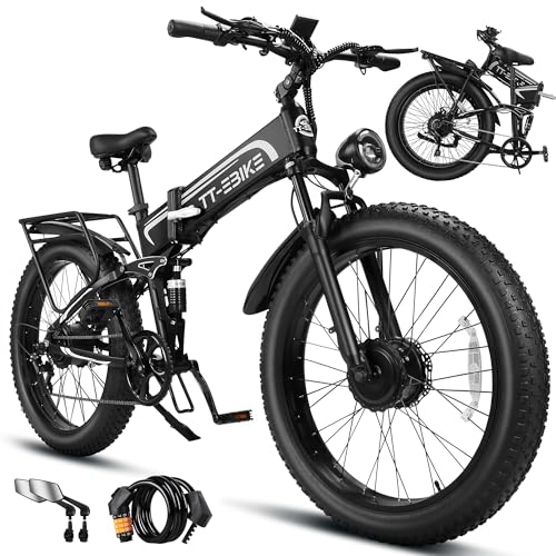 TT-EBIKE 5000W Dual Motor Folding Electric Bike Adults 40MPH with 52V 28AH Battery, 26x4 Fat Tire All Terrain Ebikes, Full Suspension E Bike, SHM 7-Speed Gear Electric Bicycle