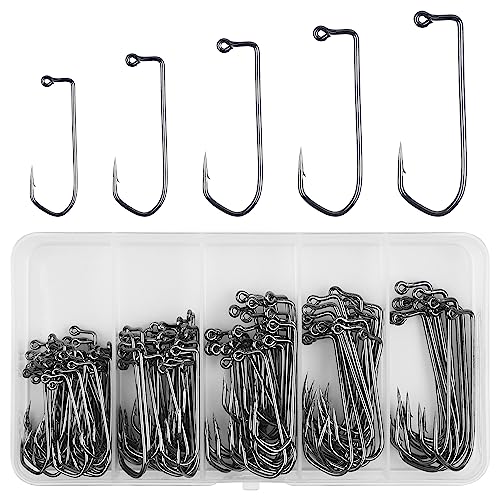 Aberdeen Jig Hooks - 150pcs 90 Degree Long Shank Forged Duratin Jig Hook Round Bend High Carbon Steel Barbarian Hooks Saltwater Fishing Jig Hooks Kit 1/0-5/0