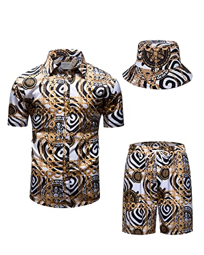 fohemr Mens Luxury Outfit Set Black Gold Shirts and Shorts 2 Piece Tracksuit Set Baroque Button Down Chain Print Suit with Bucket Hats Large